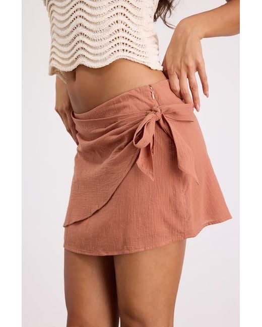 Lulus Pink Elra Terracotta Cotton Faux-Wrap Mini Skirt