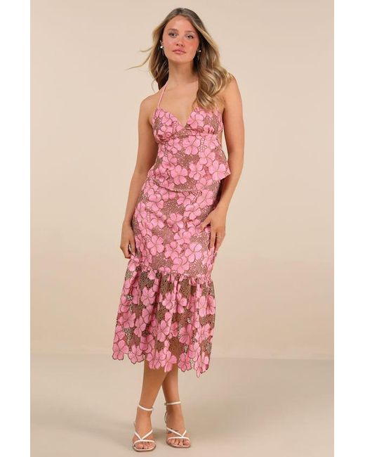 Lulus Pink Quintessa Floral Crochet Lace Backless Halter Top