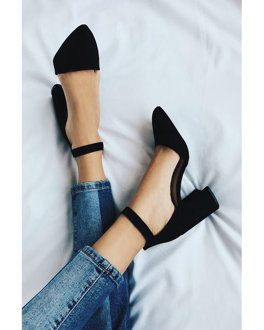 Lulus Black Ellarose Suede Ankle Strap Heels