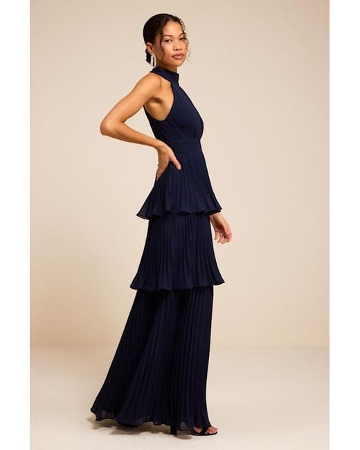 Lulus Blue Mavia Pleated Cutout Tiered Maxi Dress