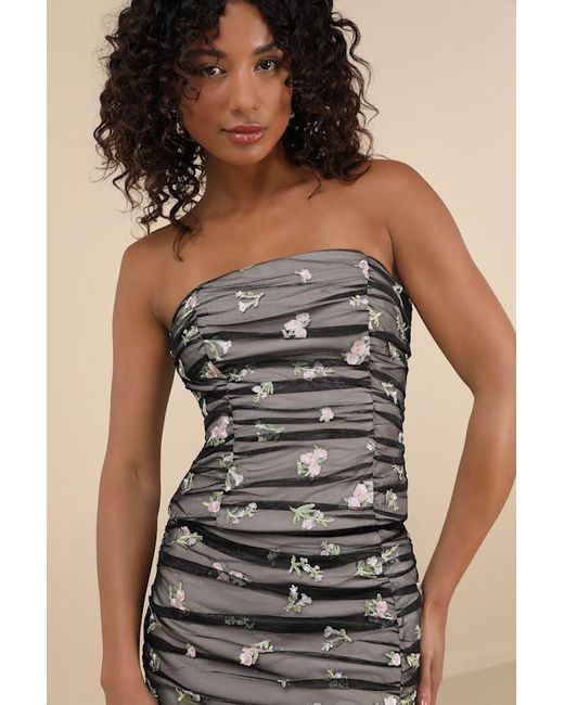 Lulus Gray Terese Mesh Floral Embroidered Ruched Top