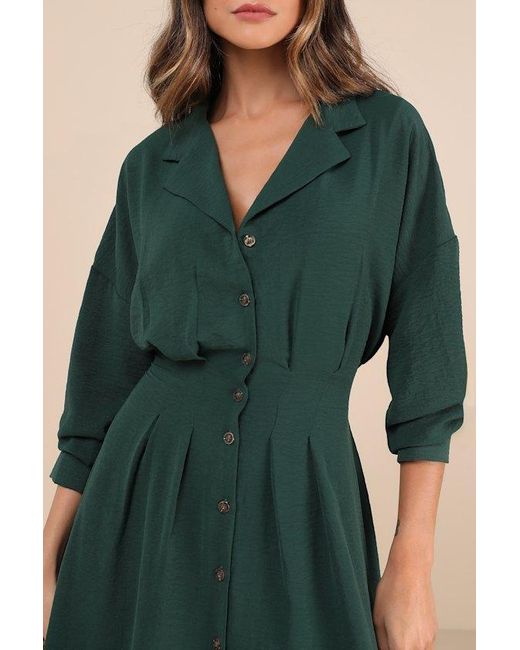 Lulus Green Timeless Class Collared Button-Up Pleated Midi Dress