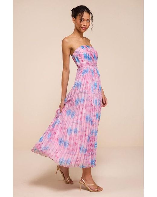 Lulus Pink Kymani Multi Floral Pleated Midi Dress