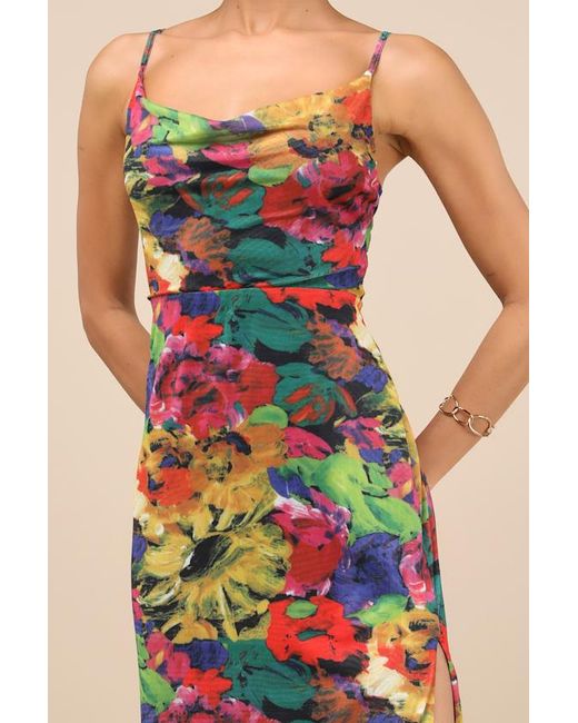 Lulus Blue Sunniva Multi Print Mesh Cowl Maxi Dress