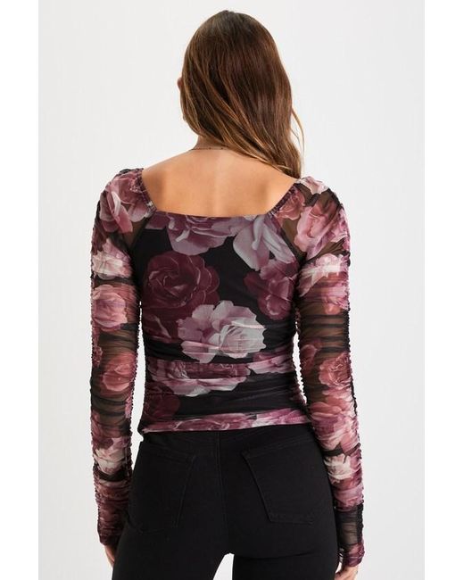 Lulus Black Flowering Aesthetic Floral Mesh Ruched Square Neck Top