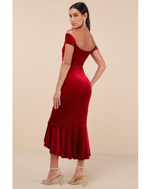 Lulus Red How Much I Care Velvet Off-The-Shoulder Midi Dress