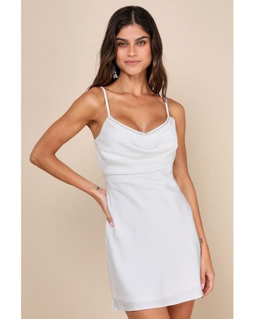 Lulus White Mesmerizing Sweetie Satin Rhinestone Cowl-Front Mini Dress