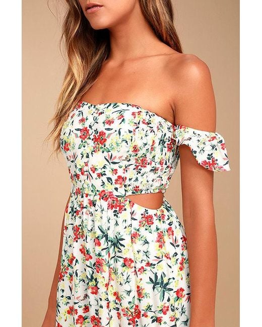 Lush Natural Easy On The Eyes Cream Floral Print Off-The-Shoulder Maxi Dress