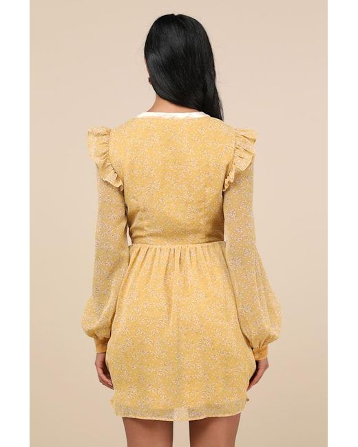 Lulus Natural Posh Impression Floral Print Tie Neck Mini Dress