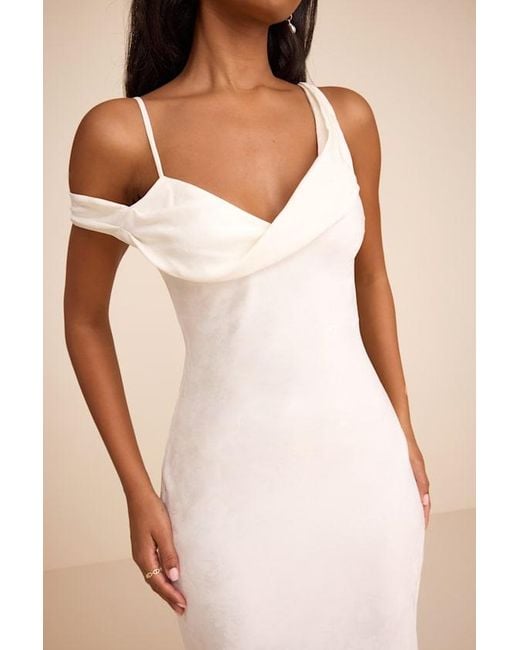 Lulus Natural Cavani Satin Asymmetrical Midi Dress