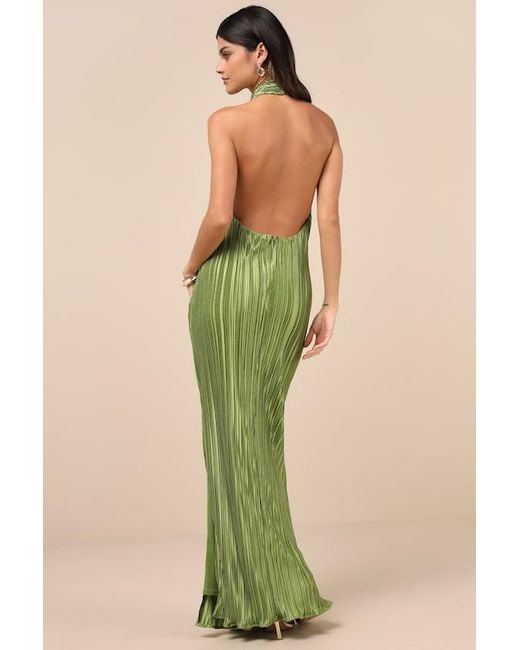 Lulus Green Gwenny Lime Satin Plisse Maxi Dress