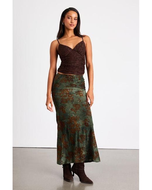 Lulus Green Milian Burnout Velvet Ruched Mid-Rise Maxi Skirt