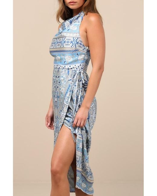 Lulus Blue Radina Paisley Print Satin Halter Midi Wrap Dress