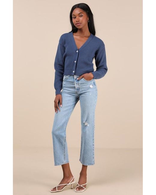 Lulus Blue Toasty Babe Knit Button-Up Cropped Cardigan