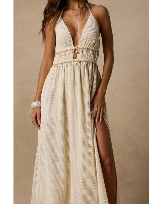 Lulus Brown Alda Cream Crochet Knit Seashell Maxi Dress