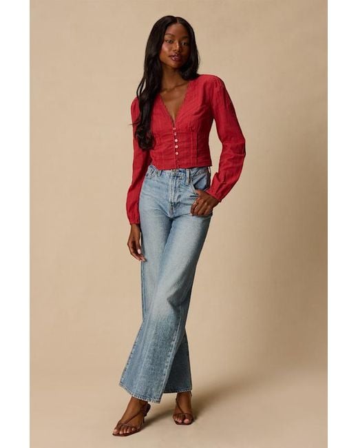 Lulus Red Keyra Button-Front Balloon Sleeve Crop Top