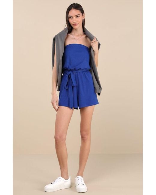 Lulus Blue Leisurely Moments Ribbed Knit Strapless Lounge Romper