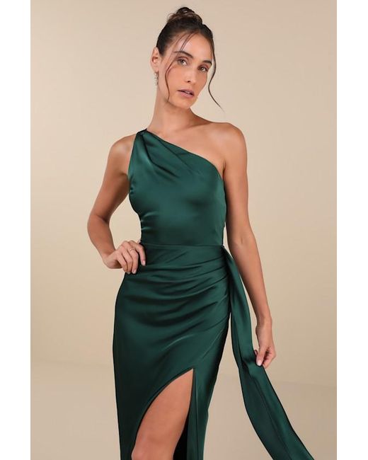 Lulus Blue Signature Elegance Emerald Satin One-Shoulder Maxi Dress