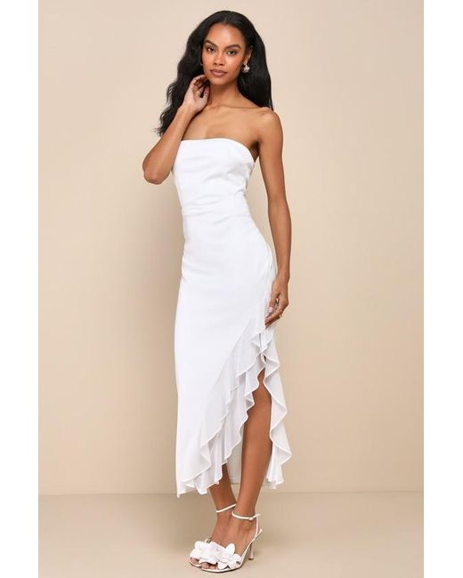 Lulus Natural Graceful Perfection Satin Ruffled Strapless Midi Dress