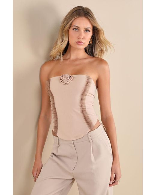 ZEMETA Natural Frap Rosette Ruffled Chiffon Strapless Top