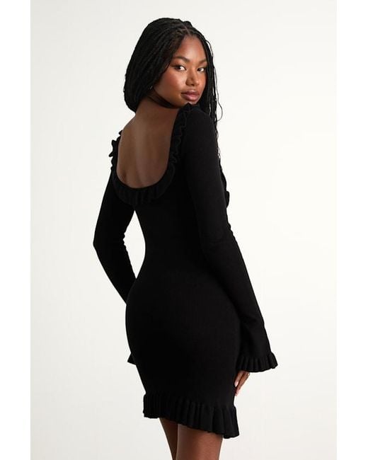 Lulus Black Haylea Ribbed Lace-Up Ruffled Sweater Mini Dress