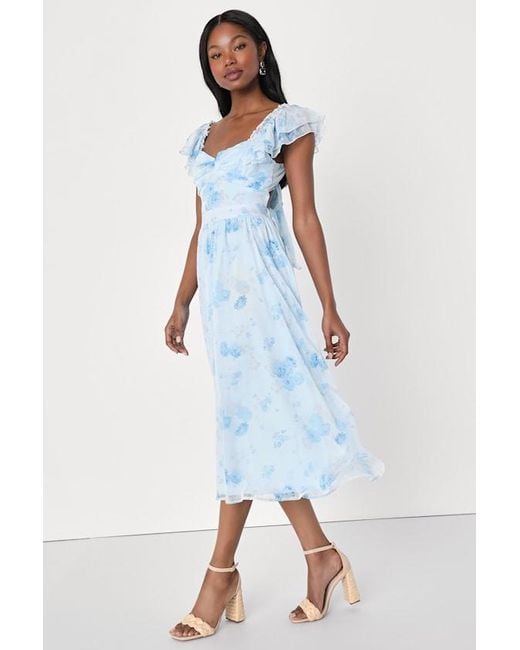 Lulus Blue Loveliest Darling Floral Ruffled Tie-Back Midi Dress