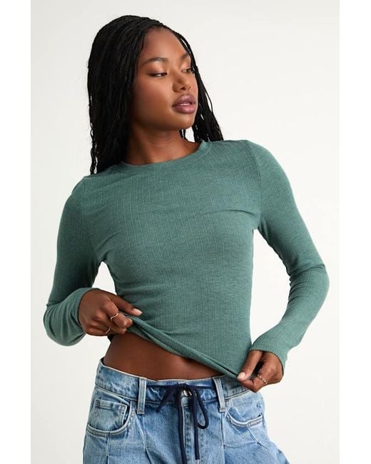 Lulus Green Essential Fit Heather Ribbed Knit Long Sleeve Top