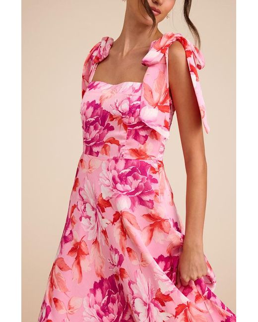 Lulus Pink Fleurette Floral Tie-Strap Midi Dress