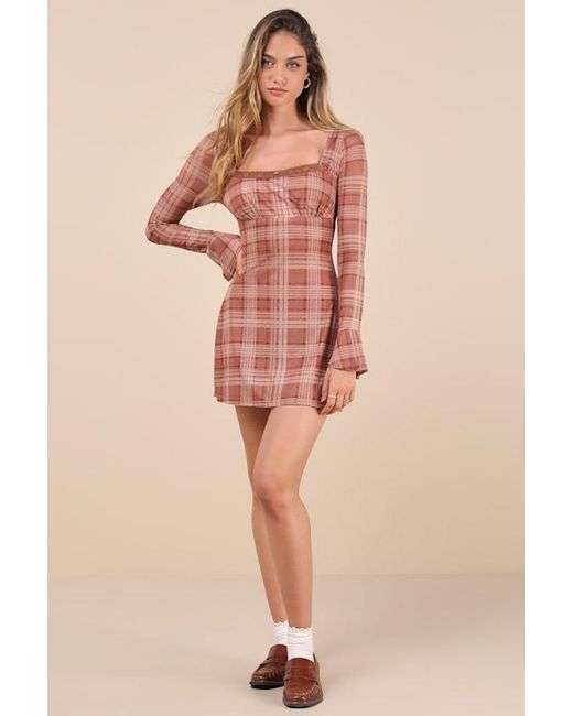 Lulus Pink Especially Adored Light Plaid Long Sleeve Mini Dress