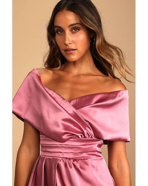 Lulus Pink Always Celebrating Satin Off-The-Shoulder Mini Dress