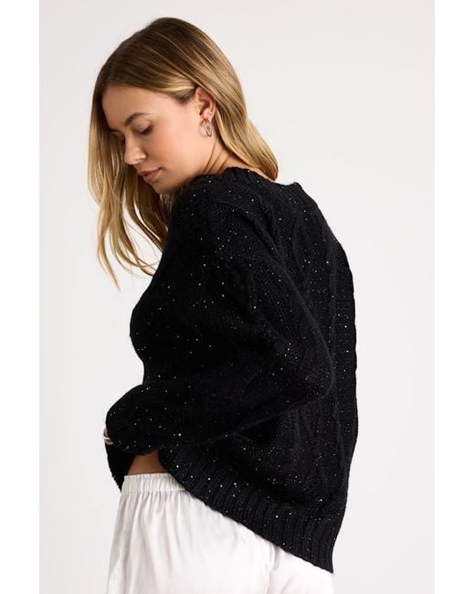 Lulus Black Ewan Sequin Cable Knit V-Neck Sweater
