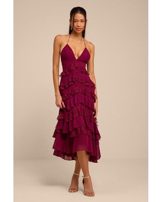 Lulus Red Melena Ruffled Lace Midi Dress