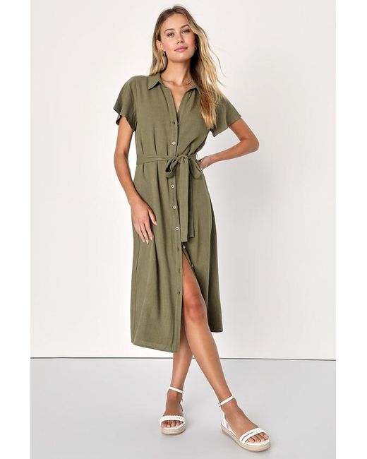 Lulus Green Italian Summer Linen Button-Up Short Sleeve Dress