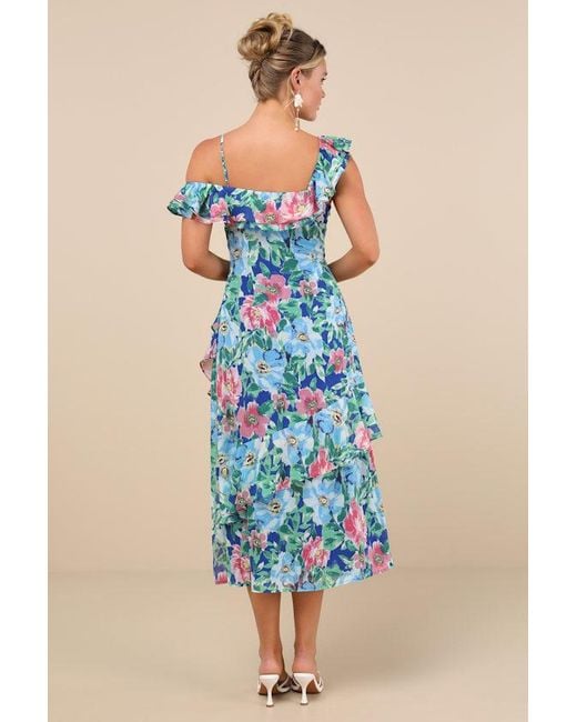 Lulus Blue Cosima Floral Asymmetrical Midi Dress