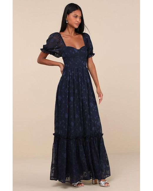 Lulus Blue Phenomenal Sweetness Floral Burnout Bustier Maxi Dress