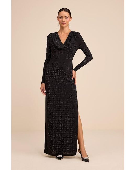 Lulus Black Rhodria Rhinestone Cowl Long Sleeve Maxi Dress