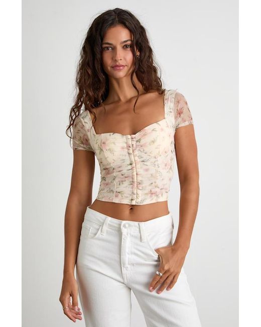 Lulus Pink Sweeter Vibes Cream Floral Mesh Short Sleeve Bustier Crop Top
