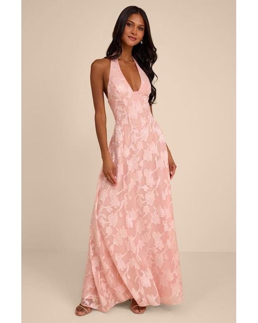 Lulus Pink Maira Floral Burnout Halter Maxi Dress