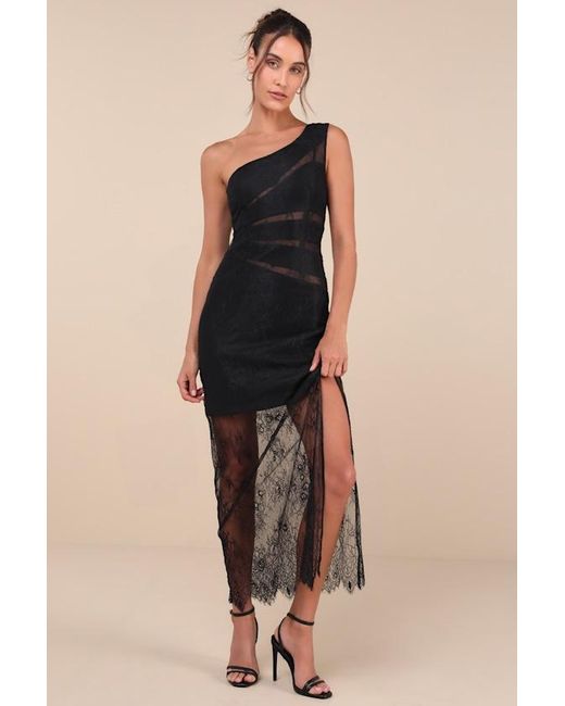 Lulus Black Sensational Flirt Sheer Lace One-Shoulder Maxi Dress