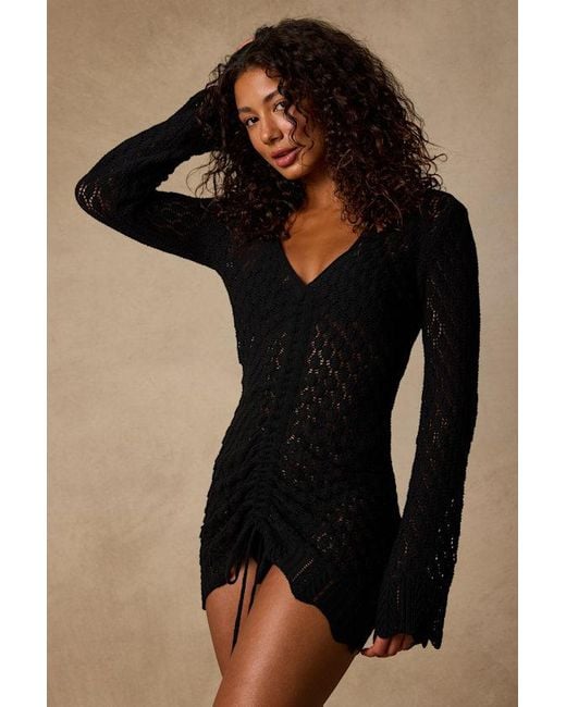 Lulus Black Seadrift Crochet Knit Ruched Mini Swim Cover-Up