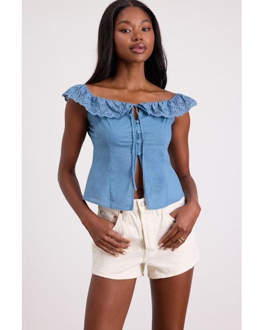 Lulus Blue Alesana Eyelet Embroidered Button-Front Top