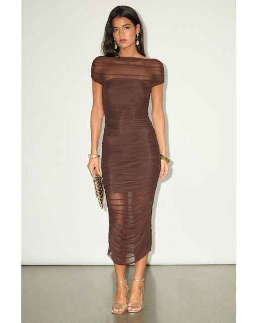 Lulus Brown Sunama Mesh Ruched Bodycon Midi Dress