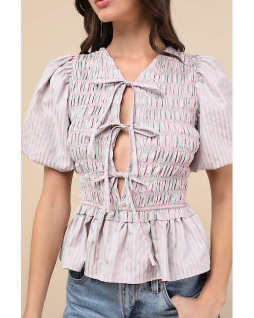 Extro & Vert Natural Nevaeh Striped Tie-Front Puff Sleeve Peplum Top