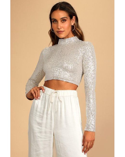 Lulus Metallic Dazzling Beauty Sequin Long Sleeve Mock Neck Crop Top