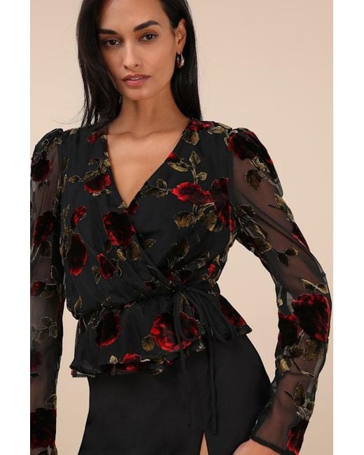 Lulus Black Memorably Poised Burnout Floral Surplice Top