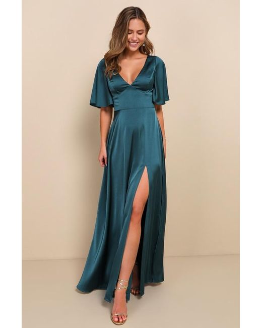 Lulus Blue Elegant Confidence Satin Flutter Sleeve Cutout Maxi Dress