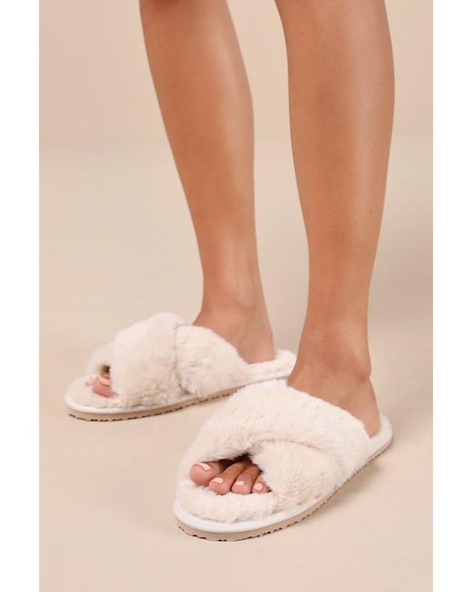 Lulus Natural Elerie Cream Faux Fur Slide Slippers