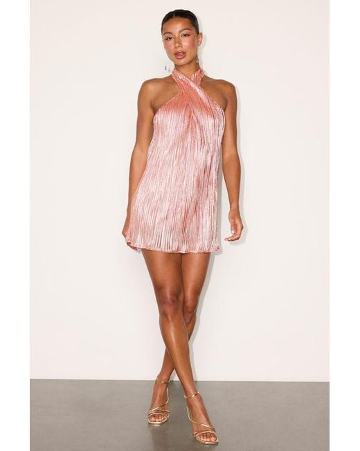 Lulus Pink Collins Lurex Plisse Halter Mini Dress