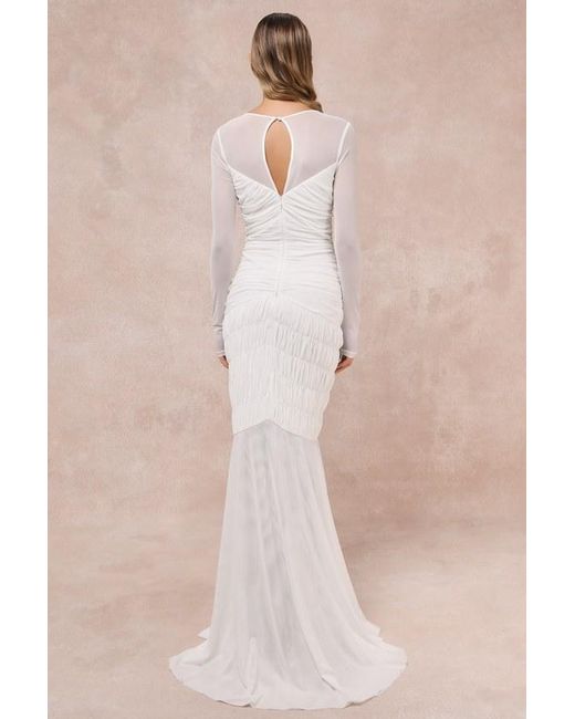 Lulus Natural Romantic Heights Mesh Ruched Long Sleeve Maxi Dress
