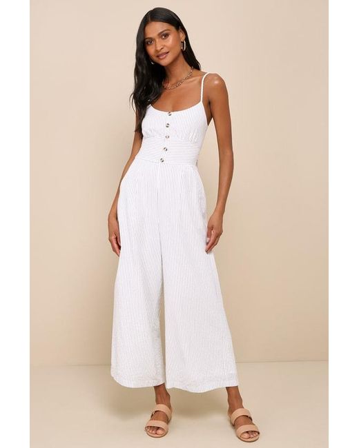 Lulus Natural Coastal Air Striped Tie-Back Culotte Jumpsuit